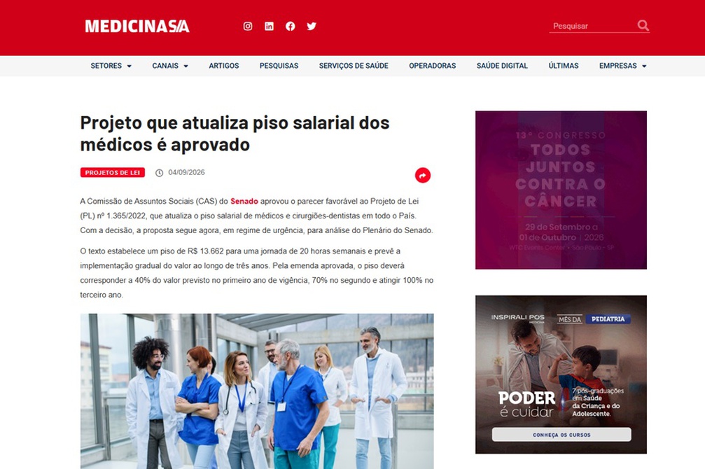 Medicina S/A Projeto que atualiza piso salarial  dos médicos é aprovado em Brasília